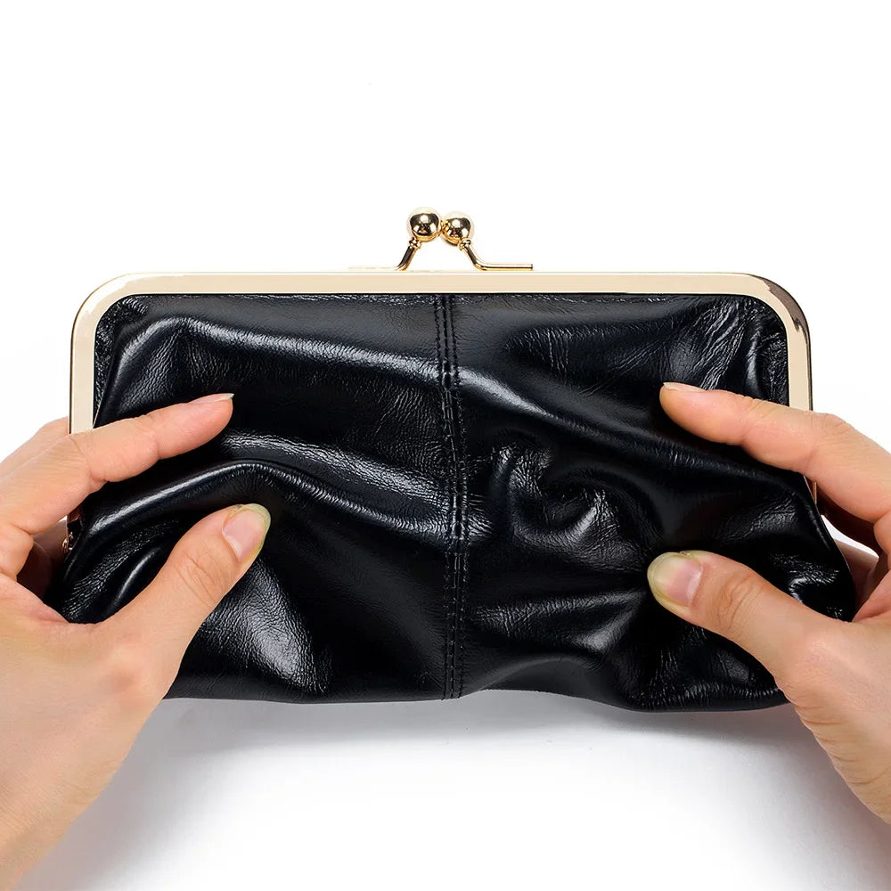 Vintage Long Genuine Leather Clutch Wallet Women's European American Handbag Oil Wax Skin Large Capacity Wholesale