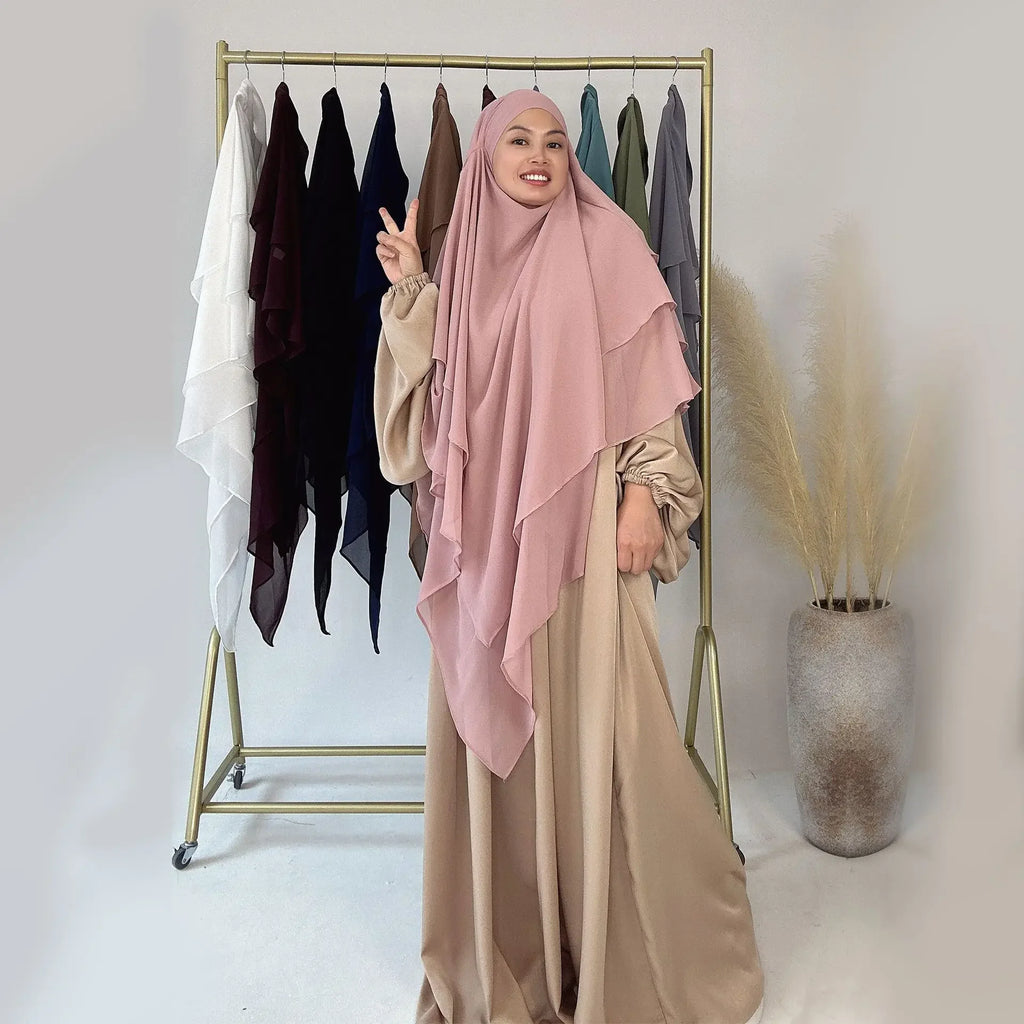 Long Khimar Women Muslim Hijab Prayer Eid 3 Layers Chiffon 2025 Hijabs Headscarf Shawl Veil Long Three-Layer Djellaba Niqab