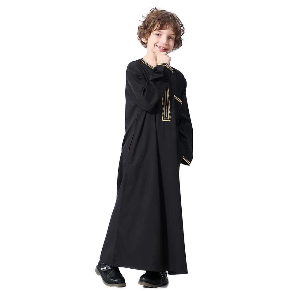 2025 New Children Thawb Teens Summer Muslim Robe Kids Arab Folk Clothes Boys Solid Color Thobe 5-14 Years National Outfit