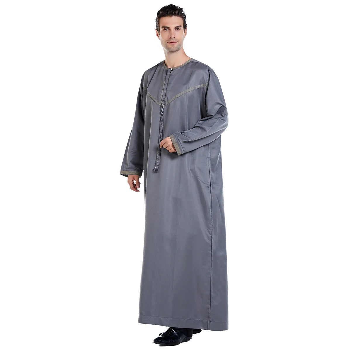 Men's Muslim Kaftan Grey/Black Elegant round Neck Arab Vintage Robe Long Sleeves Spring Winter Thobe for Dubai Saudi Occasions