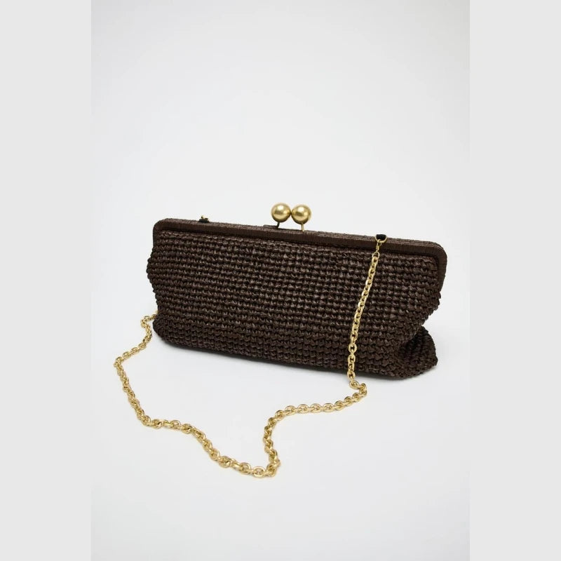 New Handwoven Raffia Shoulder Bag, Women's Staw Crossbody Bag Vacation Clip Bag Clutchs, Summer Luxury Design Baguette Bag