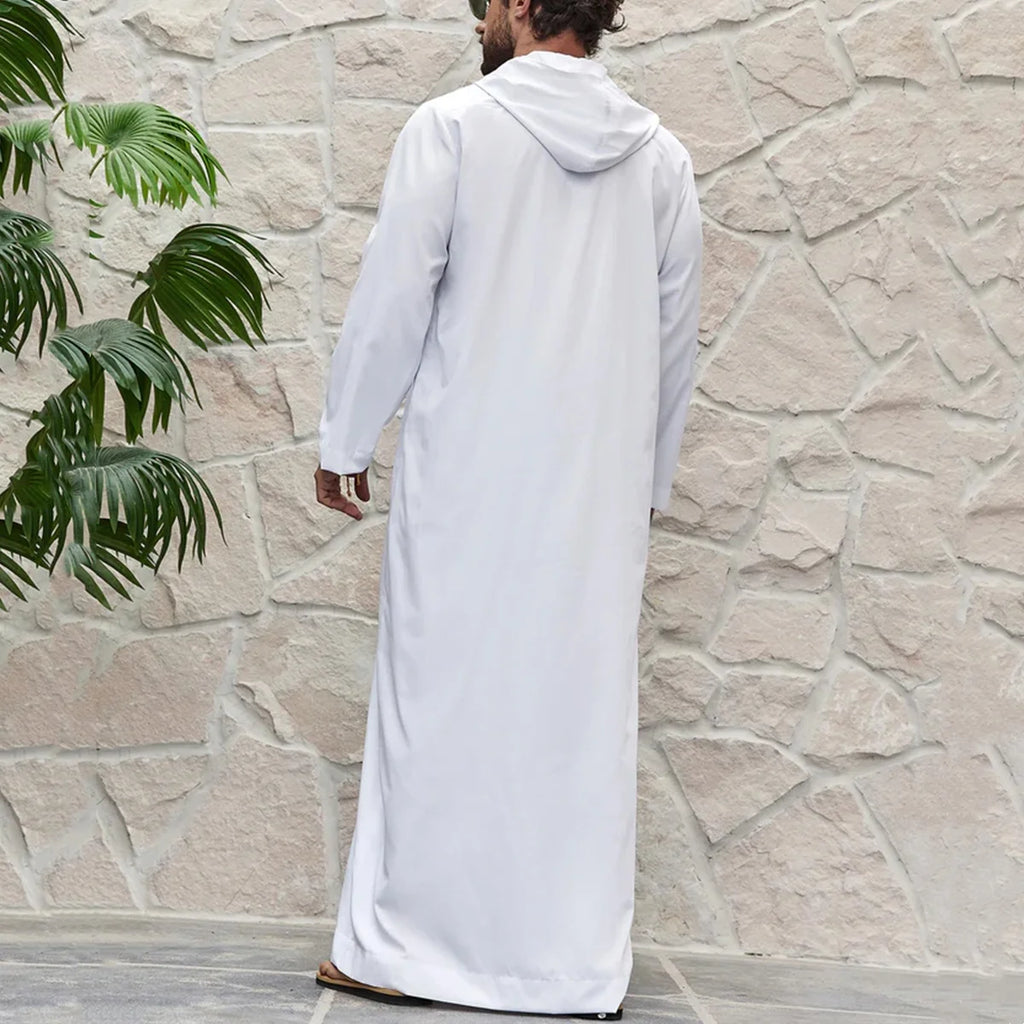 Muslim Men's Solid Color Hooded Zipper Thobe Long-Sleeved White Simple Islamic Arabic Ethnic Style Robe for Adult Party
