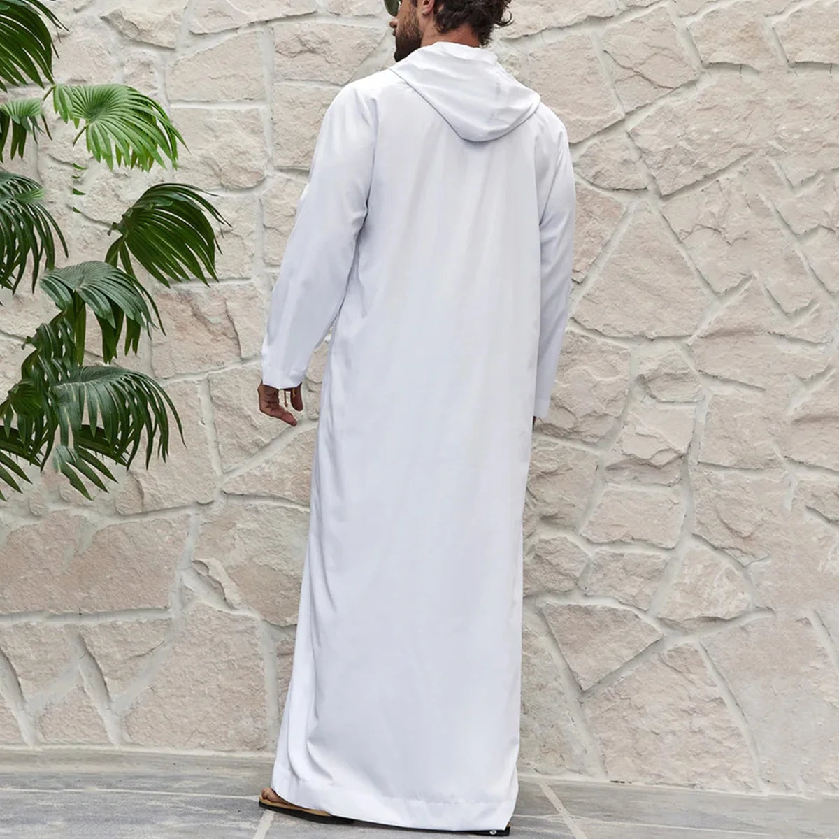 Muslim Men's Solid Color Hooded Zipper Thobe Long-Sleeved White Simple Islamic Arabic Ethnic Style Robe for Adult Party
