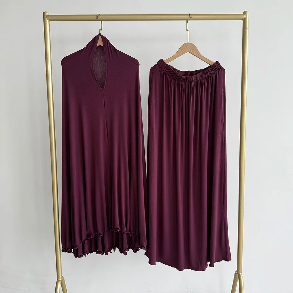 Cotton Jersey Prayer Set Stretchy EID Ramadan Islam Muslim Women Satin Rope Instant Hijab Khimar Skirt Pockets 2 Piece Jilbab