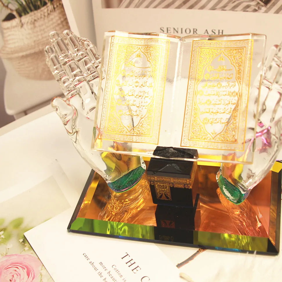 Muslim Crystal Ornament, Crystal Gilded Kaaba Hand Holding Book Model for Home Office Table Vehicle Decor Souvenirs  Eid Gift