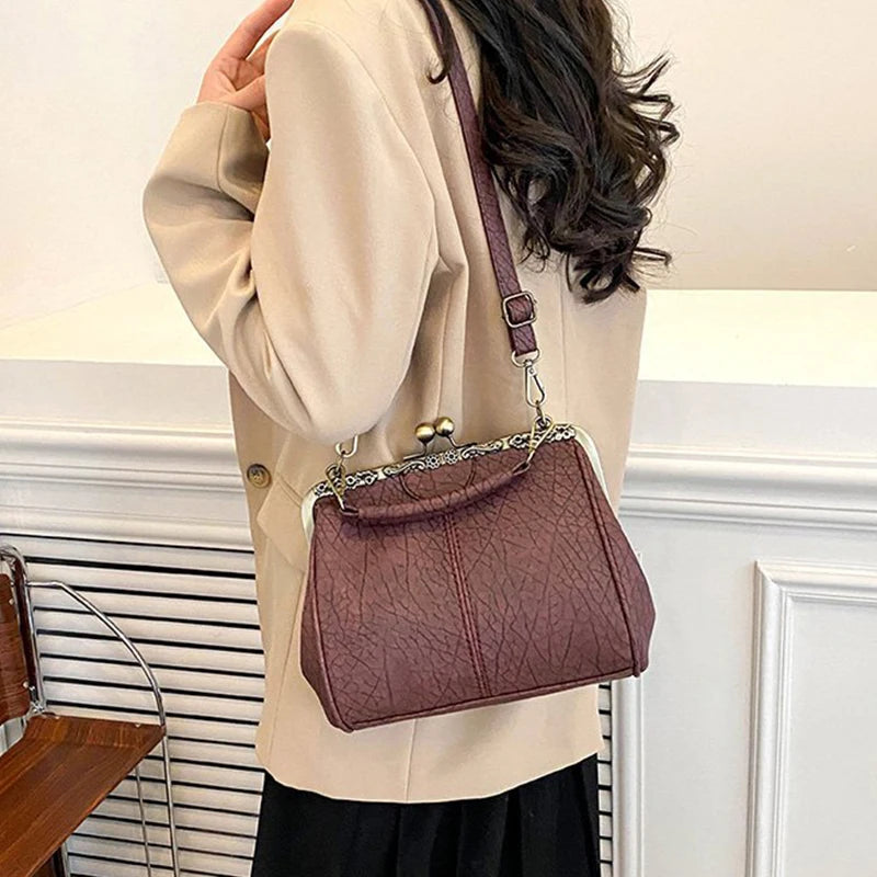 Fashion Women Clip Bags PU Leather Tote Handbag Female Kiss Lock Bag Luxury Vintage Crossbody Purse Bags Messenger Bag for Women