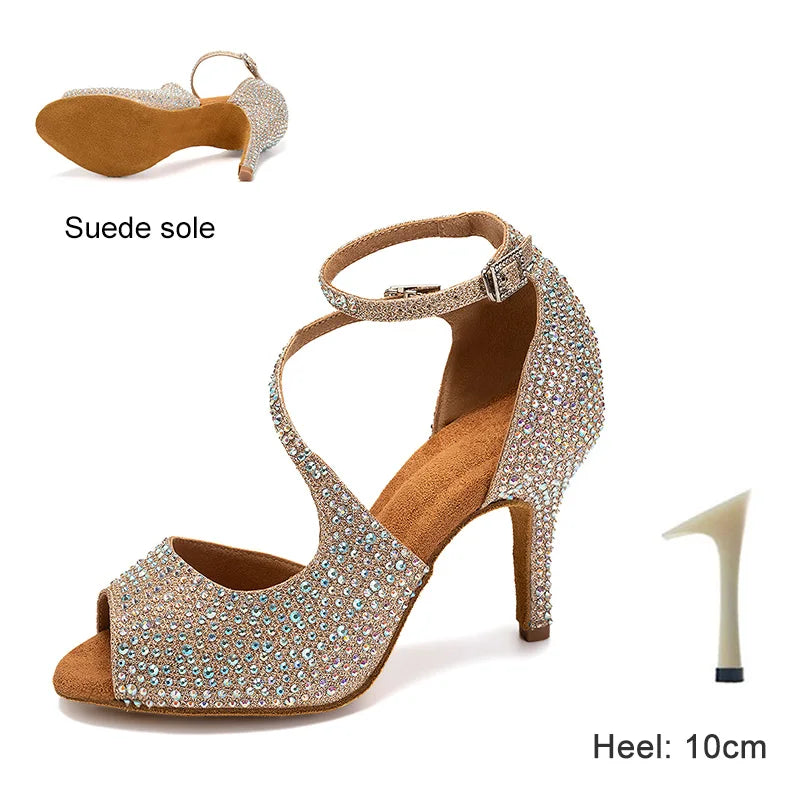 Dance Shoes For Women Ballroom Tango Rhinestones Dancing Shoes High Heels Black/Silver/Gold Women's Wedding Shoes