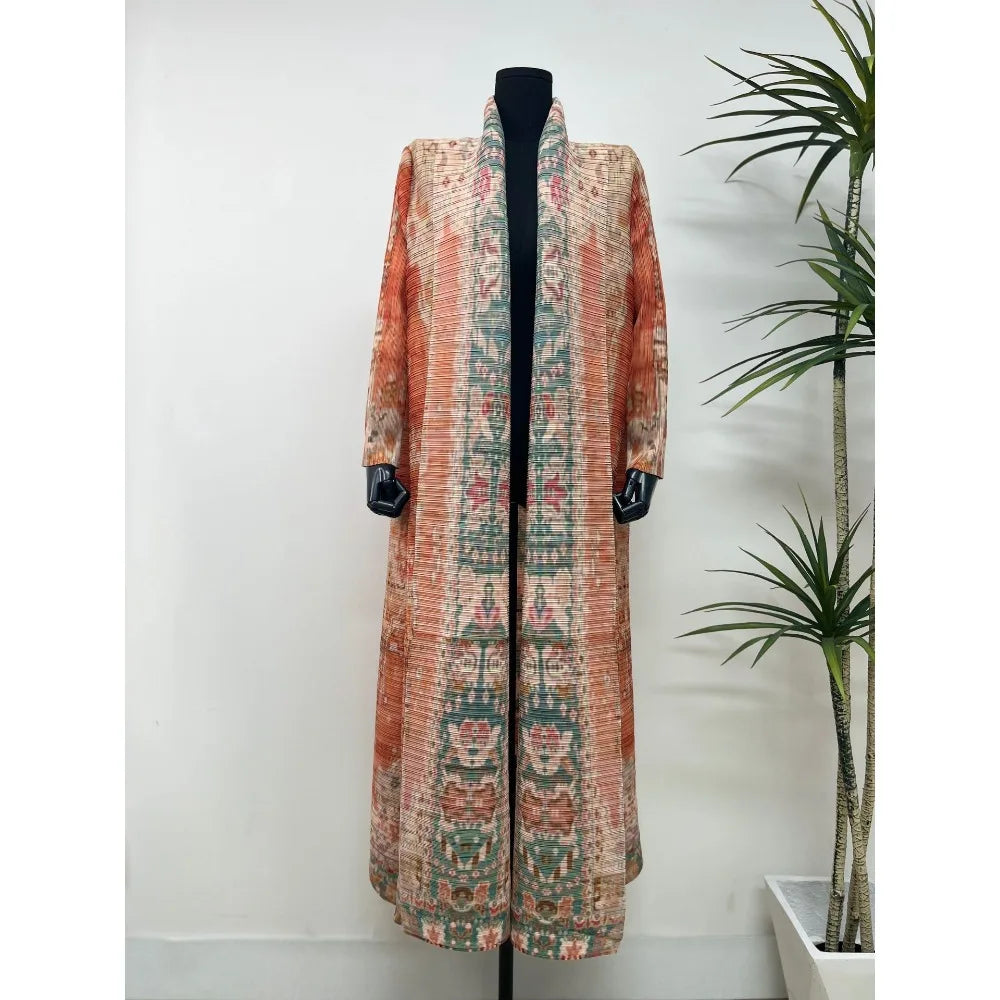 Miyake Pleated Women's Long Cardigan Windbreaker Coat Autumn New Ethnic Style Printing Loose Plus Size Dress Cloak Robe