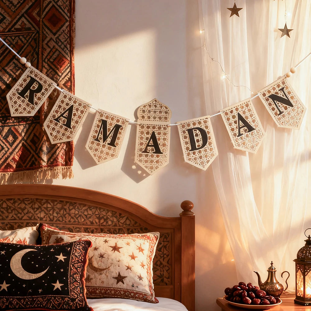 Ramadan Mubarak Banner - Hollow Lantern Hanging Garland for Islamic Muslim Eid Festival Home Party Ornament Wall Decor Supplies