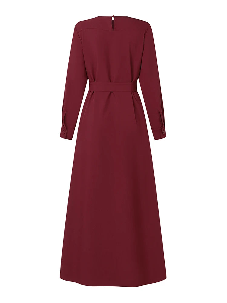 Dresses Women Muslim O-Neck Long Sleeve Belted Pleated Maxi Dress Elegant Loose Abaya Robes