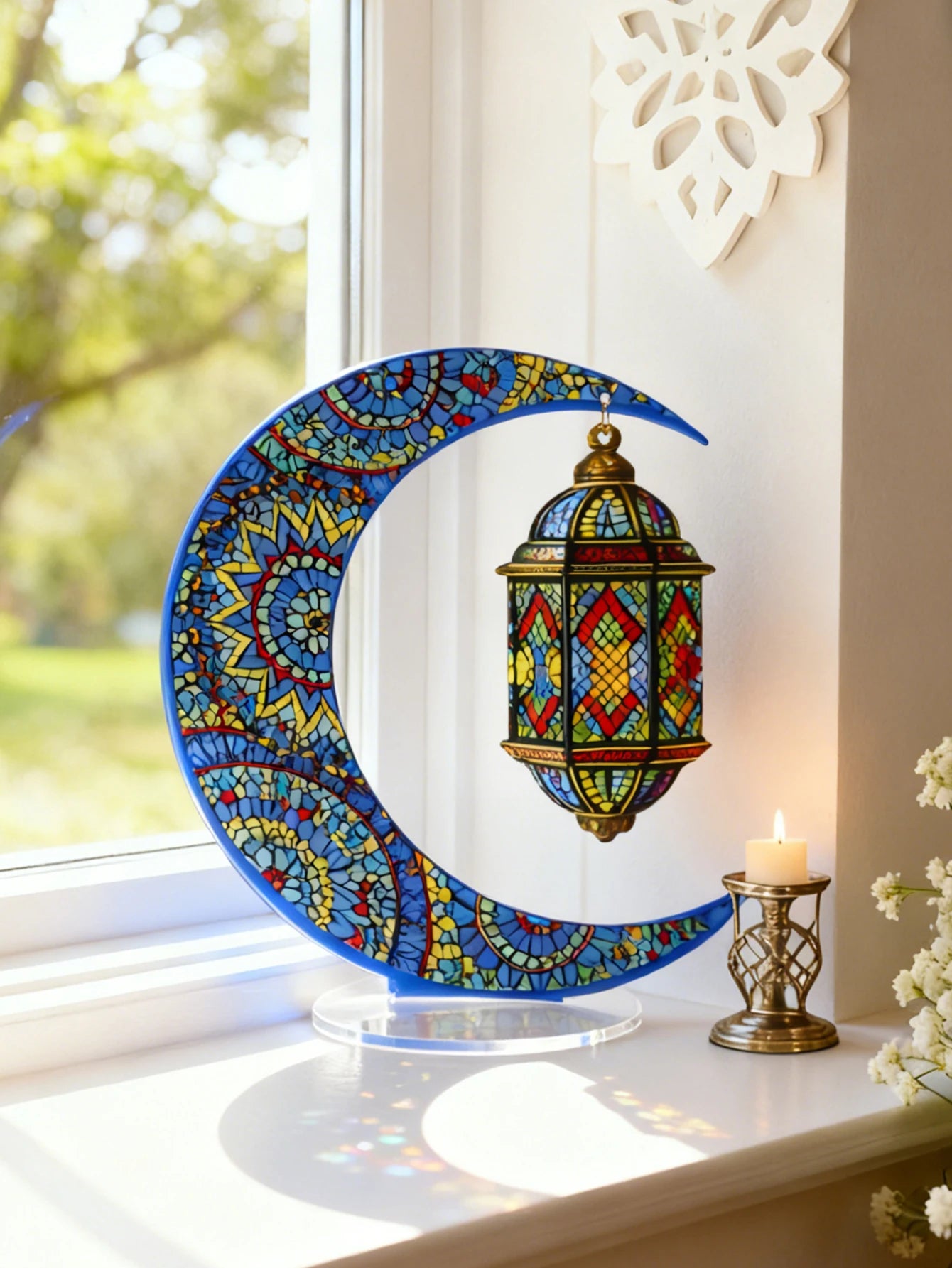 Ramadan Mubarak Decor Crescent Moon Table Ornaments with Lantern Pendant Islamic Eid Festival Home Decorations Muslim Party Gift