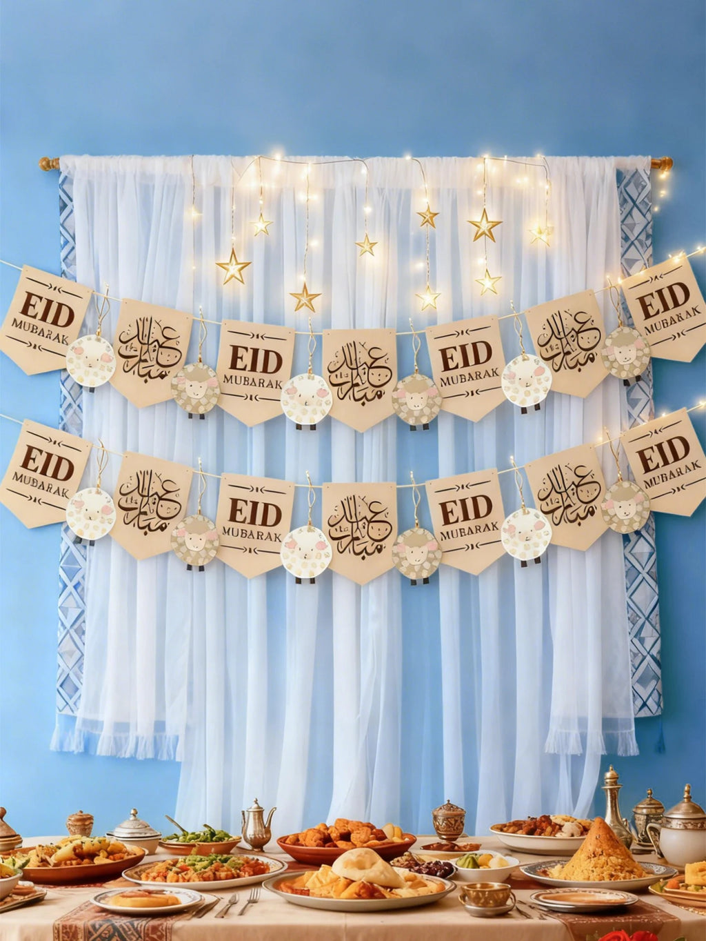 Eid Mubarak Banner with Sheep Ornaments, Islamic Wall Hanging Decor for Eid al-Fitr & Adha, Ramadan Kareem Home Party Decor Gift