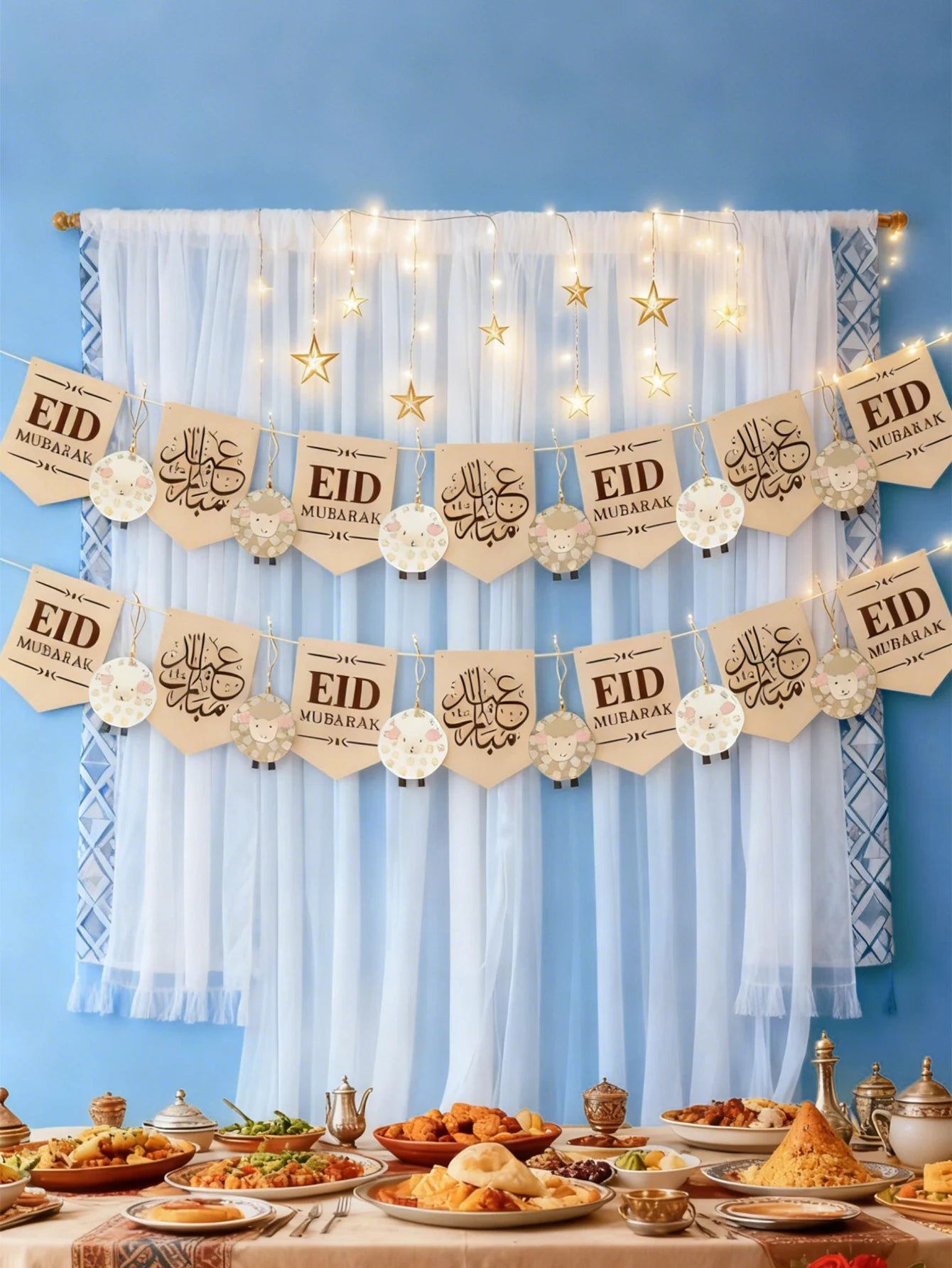 Eid Mubarak Banner with Sheep Ornaments, Islamic Wall Hanging Decor for Eid al-Fitr & Adha, Ramadan Kareem Home Party Decor Gift
