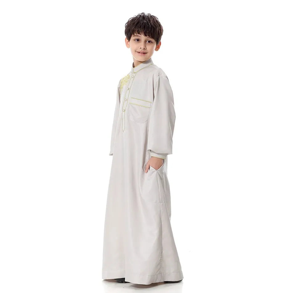 2025 New Kids Robe Children Embroidery Outfit Boys Ramadan Thawb Teens Long Sleeve National Clothes Arab Muslim Thobe 5-12 Years
