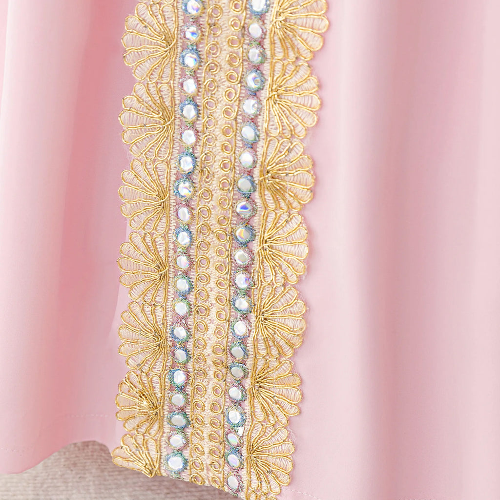 Middle Eastern Arabian Kids Robe Splice Embroidered Belt Dress Muslim Long Sleeve Abayas Dubai Islam Girls Lace Dress Party Gown