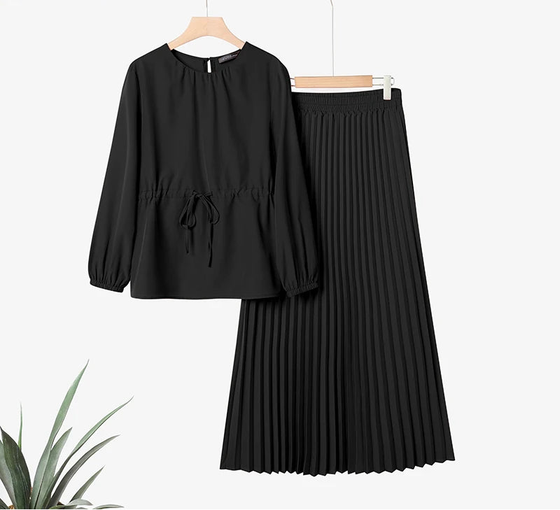 Autumn Outfits Muslim Women 2 Piece Sets Elegant Fashion Long Sleeve Tops Pleated Maxi Skirts Suit 2PCS Tracksuits