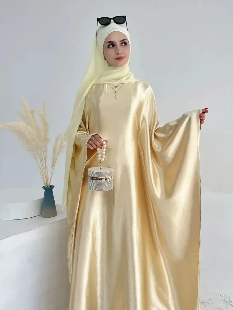 Batwing Satin Shimmer Abaya Damen Dubai Luxury Islam Muslim Kaftan Dress Women Kebaya Vestidos Djellaba Robe Femme Musulmane