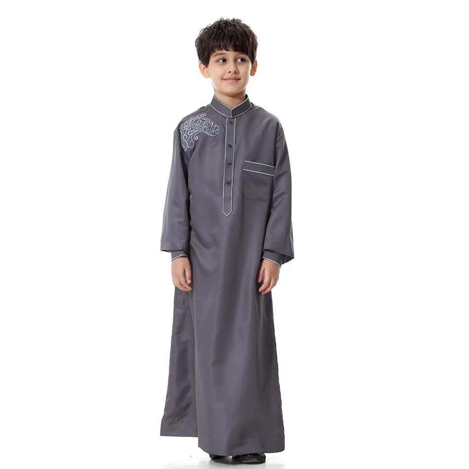 2025 New Kids Robe Children Embroidery Outfit Boys Ramadan Thawb Teens Long Sleeve National Clothes Arab Muslim Thobe 5-12 Years