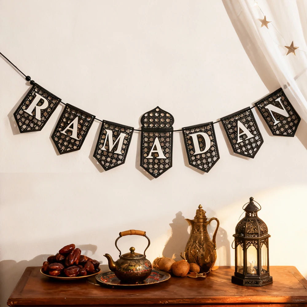 Ramadan Mubarak Banner - Hollow Lantern Hanging Garland for Islamic Muslim Eid Festival Home Party Ornament Wall Decor Supplies