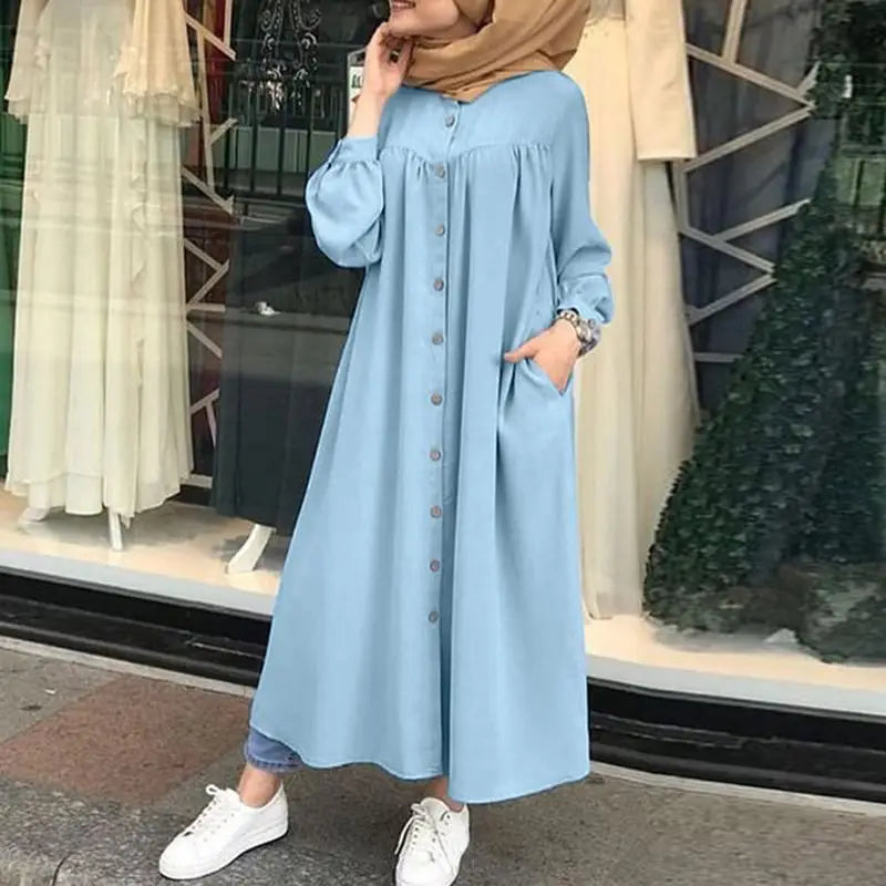 Casual Long Sleeve round Neck Pocket Women's  Muslim Fashion Comfortable Commuting Style Polyester Fiber D...