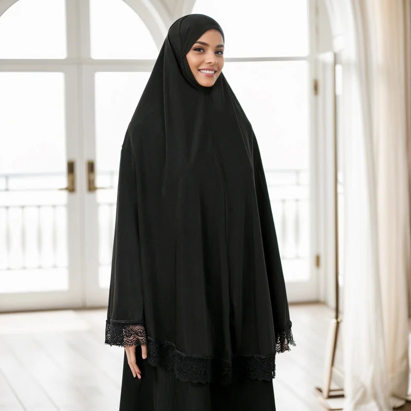 Muslim Abayas Full Cover Lace Edge Women Black Clothing Solid Color Instant Hijab Soft Premuim Cotton Hemp Ramadan Prayer Dress
