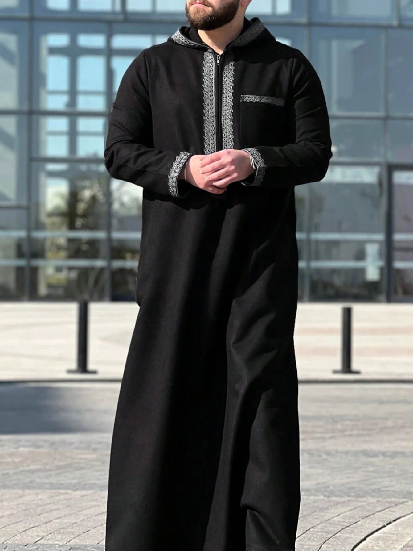 Moroccan Long-Sleeved Embroidered Hood Thobe Muslim Man Abaya Islamic Loose Fit Polyester Elastane Fashion Jubba Thobe for Adults