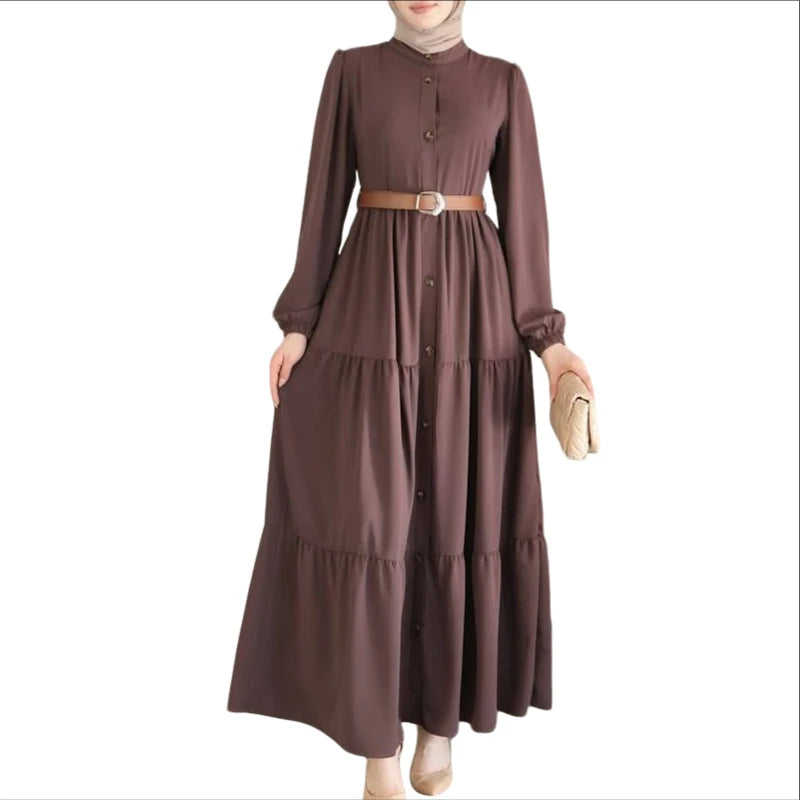 Women Autumn Dresses  Fashion Muslim Abaya Dress O Neck Long Sleeve Sundress Pleated Robe Elegant Work Dress Vestidos