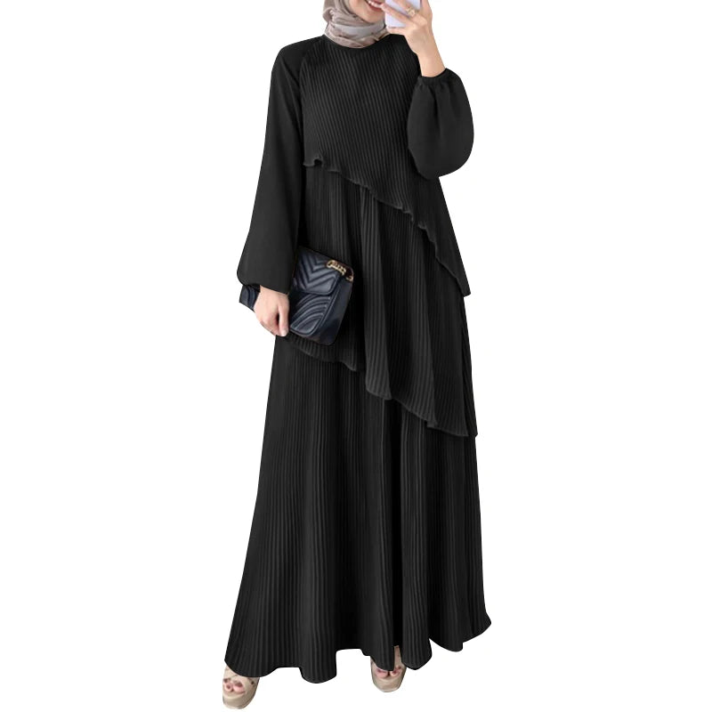 Sleeve Abaya Robes Women Plisse Layered Elegant Maxi Dress Muslim Fashion Islamic Hijab Pleated Dress