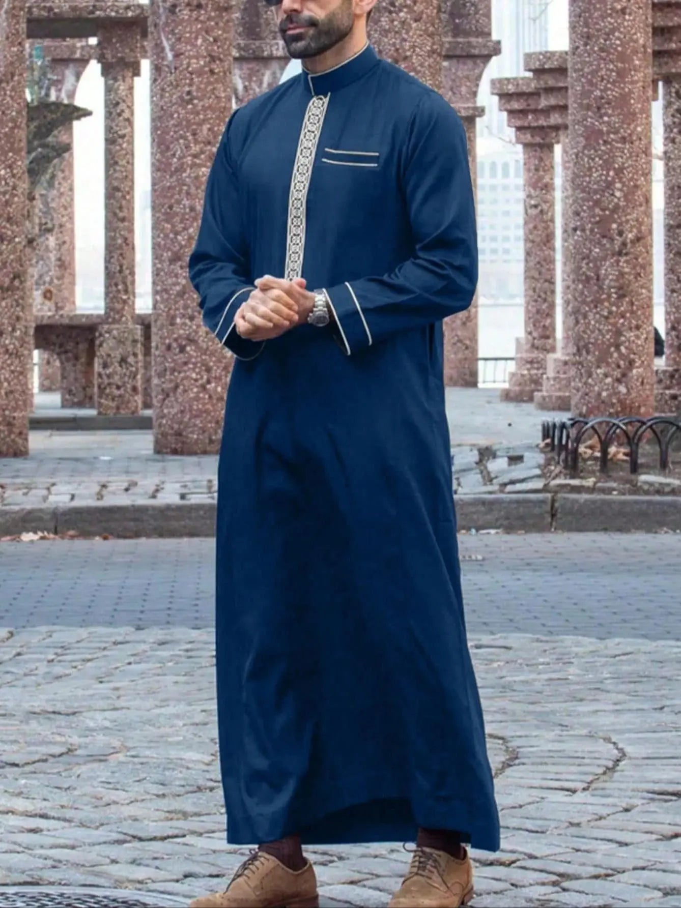 Luxury Men's Islam Muslim Arab Long Sleeve Embroidered Stand Collar Thoberobe Casual Style Polyester Elastane Jubba for All Seasons