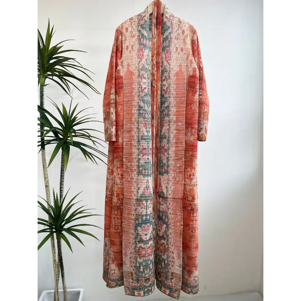 Miyake Pleated Women's Long Cardigan Windbreaker Coat Autumn New Ethnic Style Printing Loose Plus Size Dress Cloak Robe