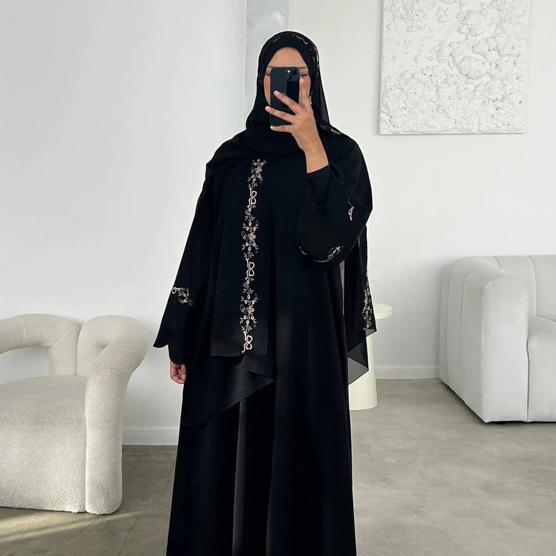 Embroidery Open Abaya and Hijab 2 Piece Set Muslim Dress Abayas for Women Dubai Luxury Islamic Clothing Kaftan Robe Ramadan Eid