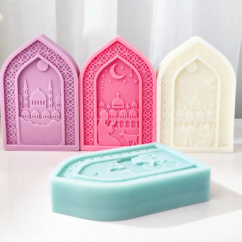 Prayer Arabic Gate Candle Silicone Mold Flat Relief Mosque Architectural Style Soap Resin Mold Eid al Fitr Decor Supplies