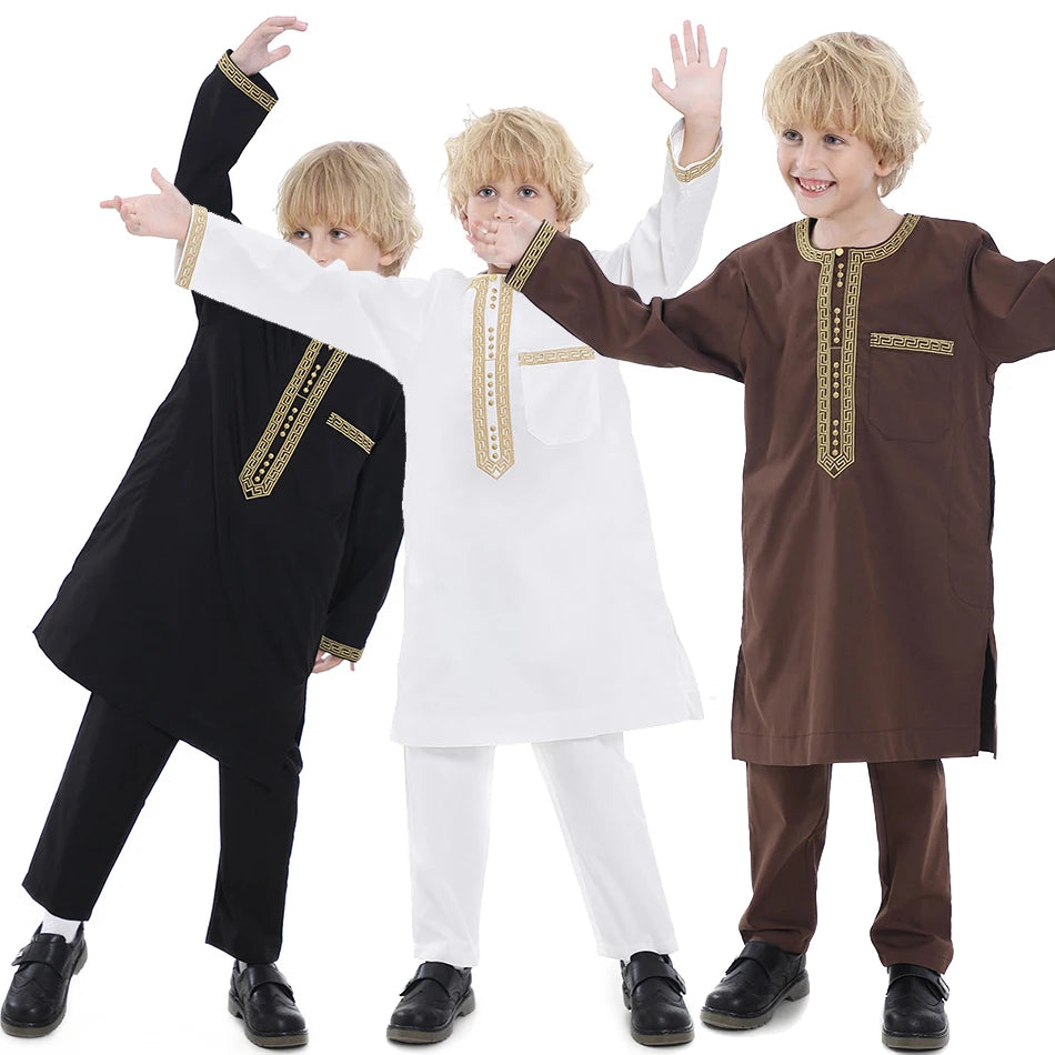 Ramadan Eid Muslim Boys Clothing Set Arab Thobe 2-Piece Outfit Long Sleeve Traditional for Kids Summer National Festival Costume