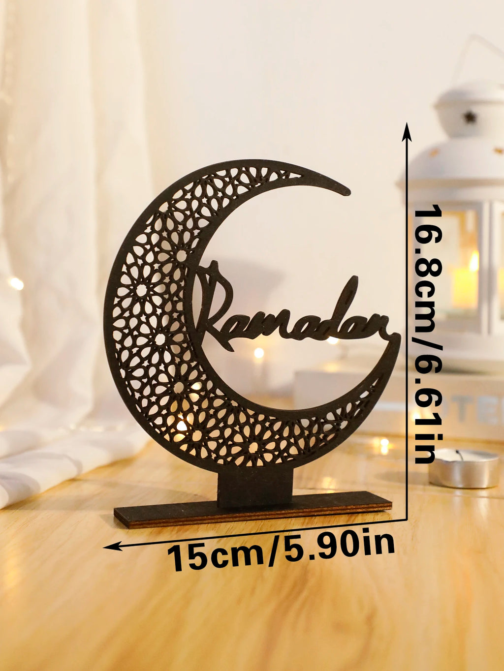 Eid Mubarak Wooden Moon Ornaments，Black Ramadan Kareem muslim decor ，Happy Ramadan Table decorations，Islamic Festival Decoration