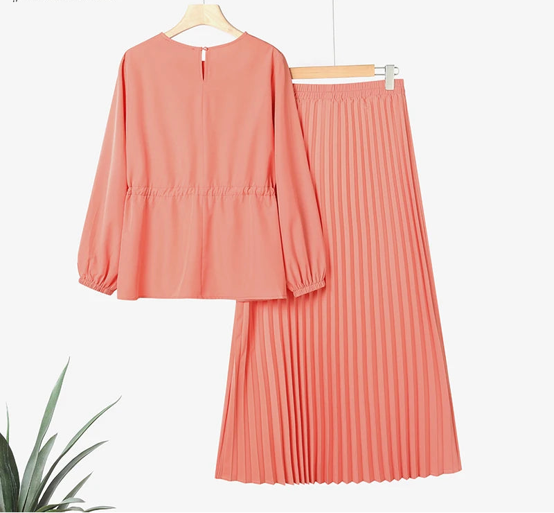 Autumn Outfits Muslim Women 2 Piece Sets Elegant Fashion Long Sleeve Tops Pleated Maxi Skirts Suit 2PCS Tracksuits