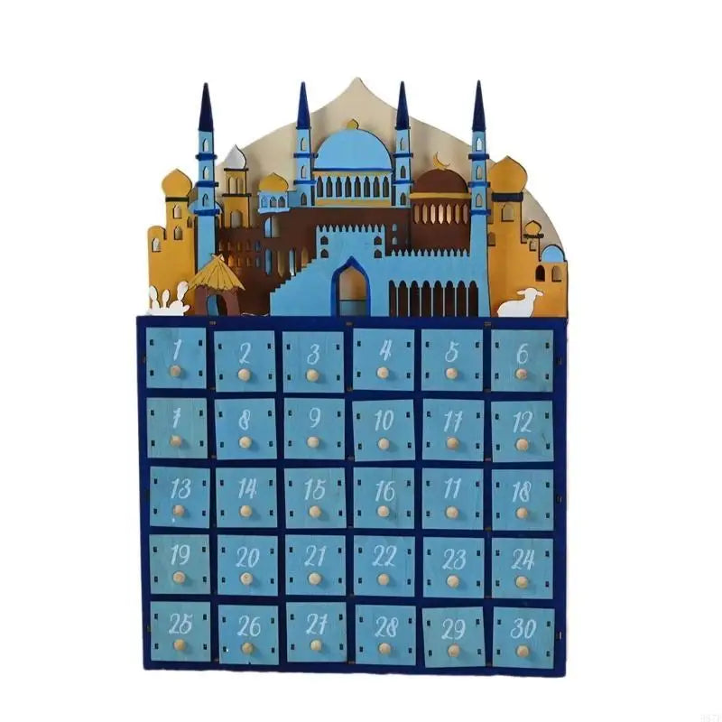 587F Eid Ramadans Countdown Calendar with LED Light and 30 Small Drawers Advent Decors for Islamics Parties Celebration