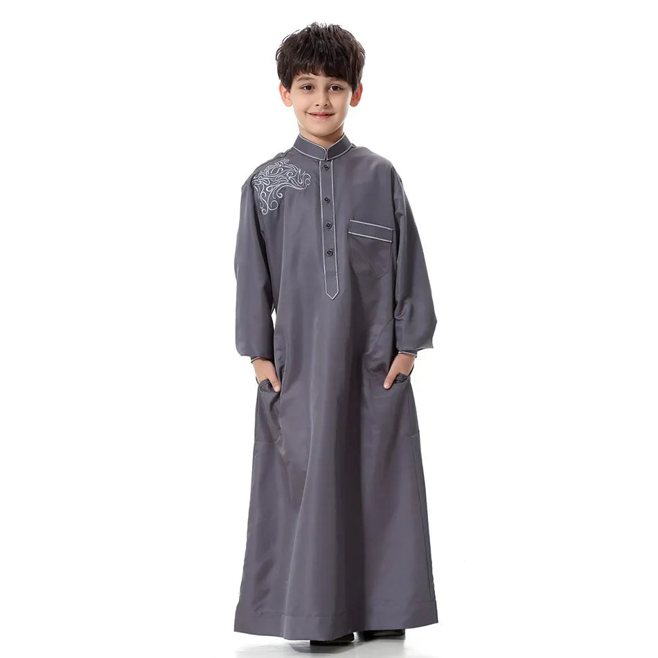 2025 New Kids Robe Children Embroidery Outfit Boys Ramadan Thawb Teens Long Sleeve National Clothes Arab Muslim Thobe 5-12 Years